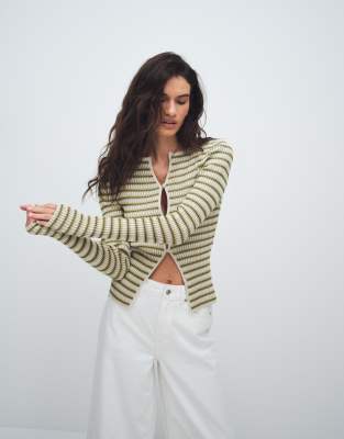 & Other Stories Rib Knit Striped Button Up Cardigan In Green