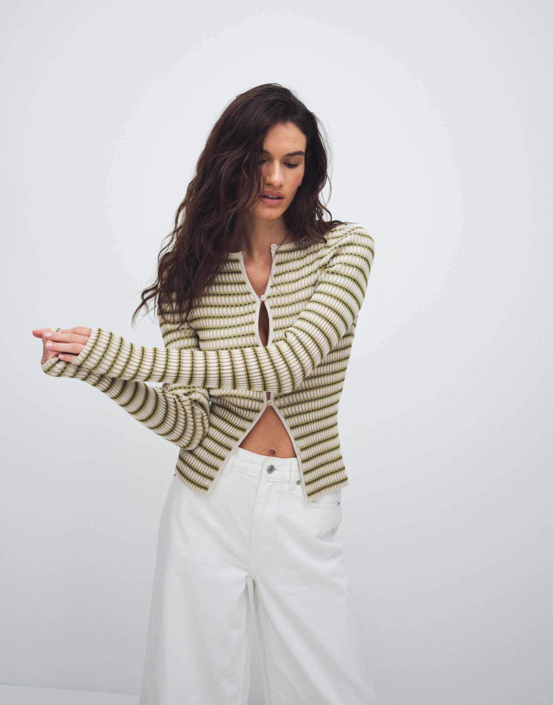 & other stories rib knit striped button up cardigan in green