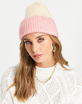 & Other Stories ribbed colour block beanie in pink and beige