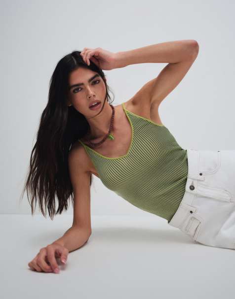 & Other Stories ribbed deep v-neck singlet in olive green - view 1