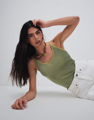& Other Stories Ribbed Deep V-neck Tank Top In Green