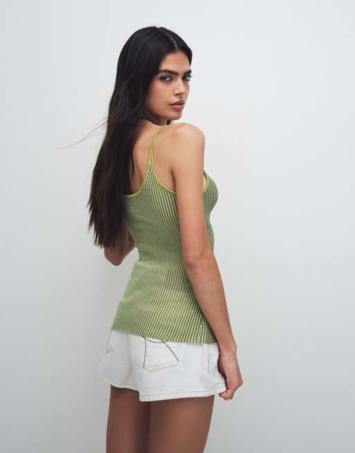 & Other Stories ribbed deep v-neck tank top in olive green, 3 of 7