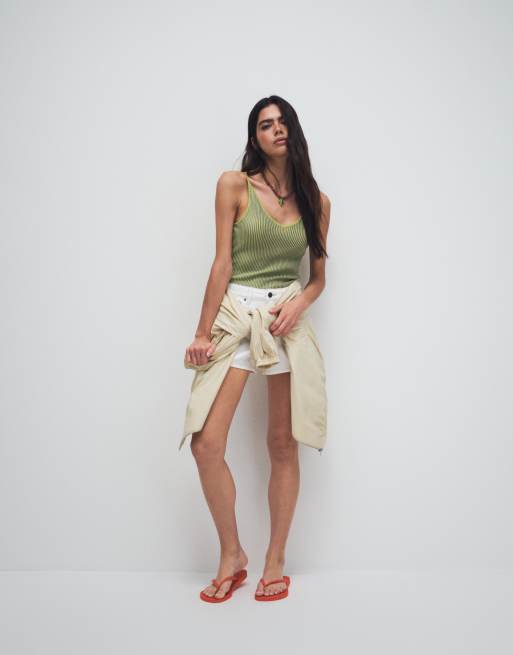 & Other Stories ribbed deep v-neck tank top in olive green, 4 of 7