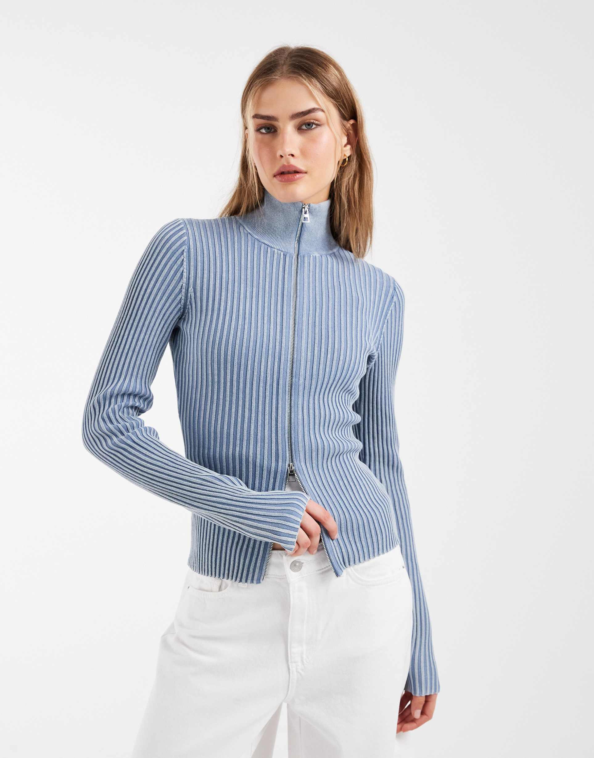 & other stories ribbed full zip funnel neck cardigan in acid wash blue