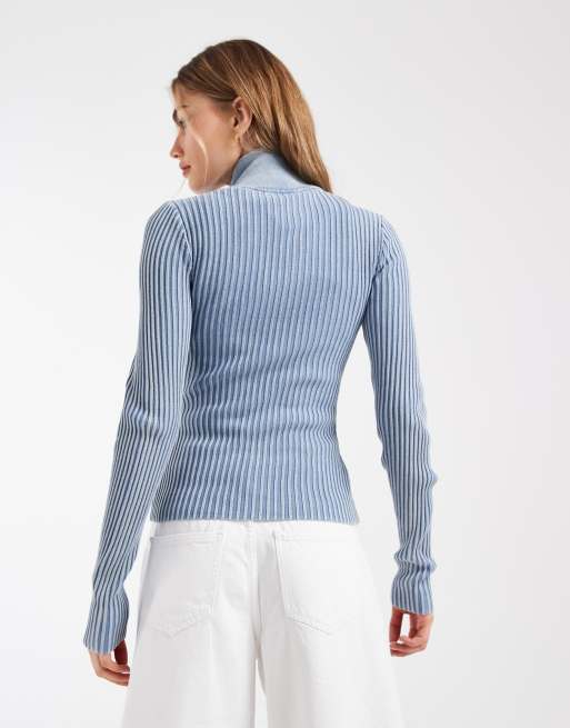 & Other Stories  ribbed full zip funnel neck cardigan in acid wash blue, 4 of 4