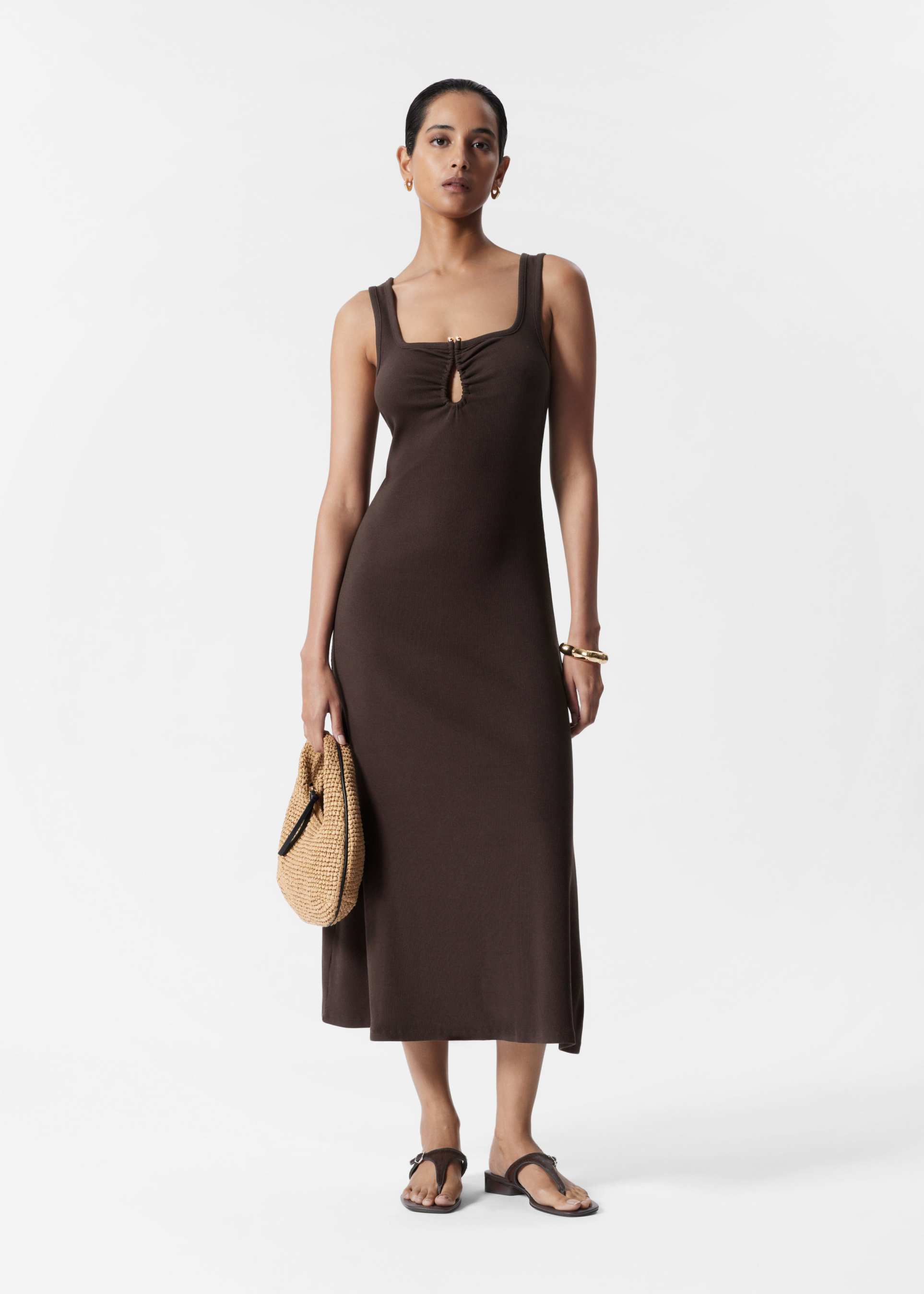 & other stories ribbed jersey midaxi dress in brown with melal deco clasp