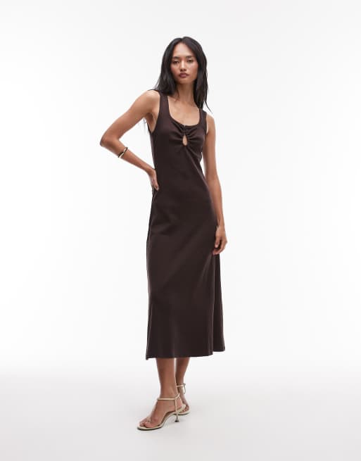 & Other Stories ribbed jersey midaxi dress in brown with metal deco clasp