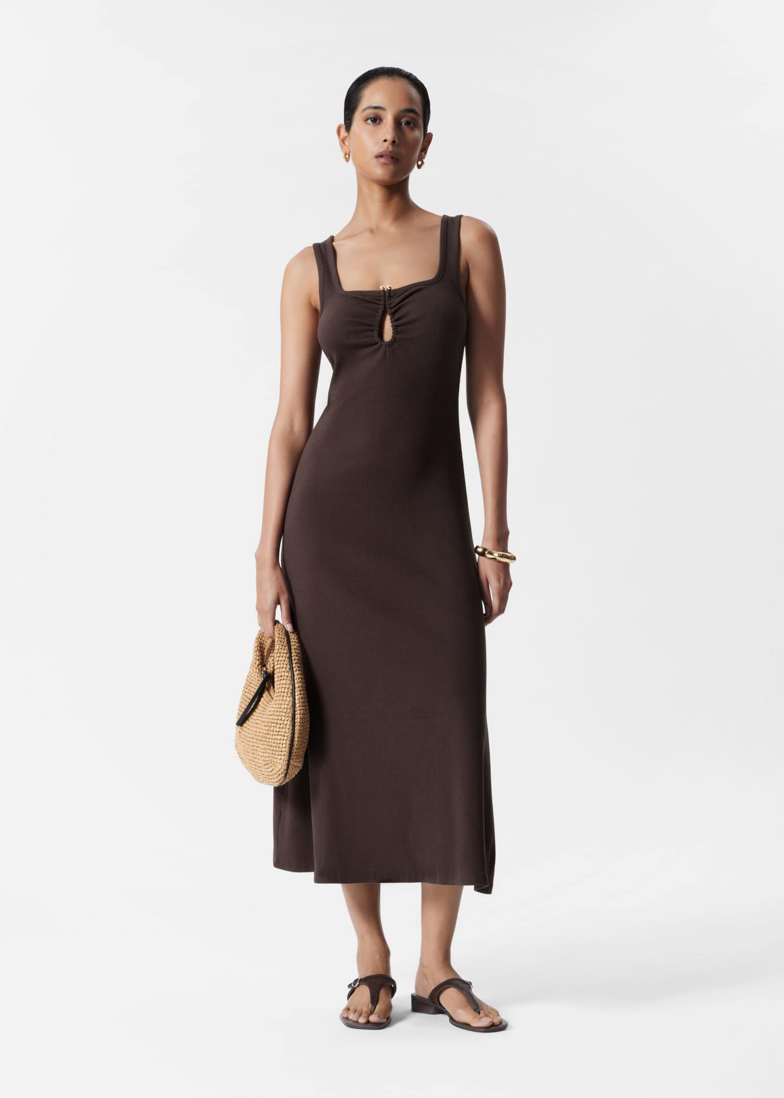 & Other Stories платье мидакси из трикотажа в рубчик коричневого цвета с металлической декоративной застежкой