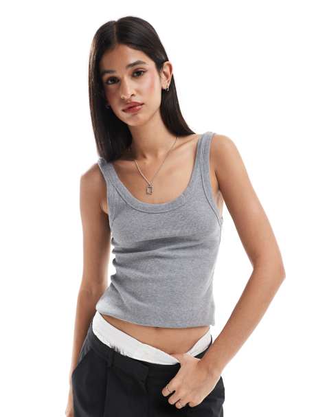 & Other Stories ribbed jersey vest top with scoop in grey melange - view 1