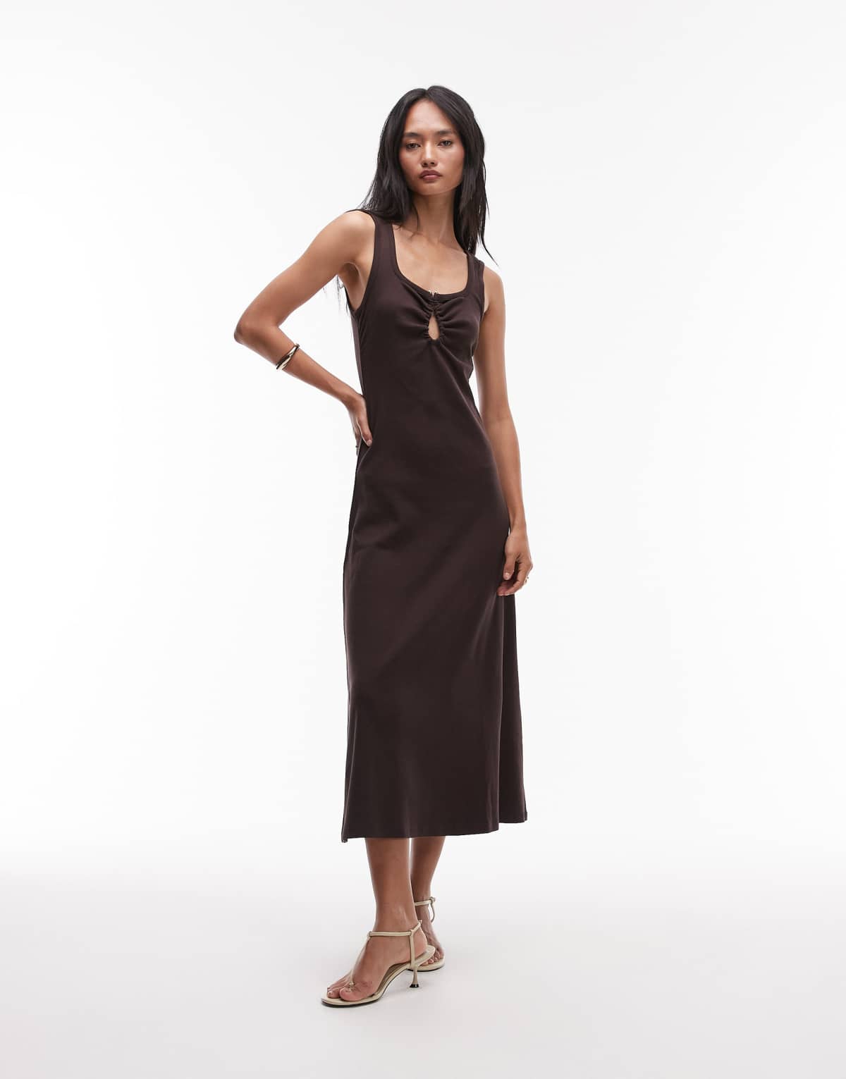 & Other Stories ribbed jersy midaxi dress  in brown with melal deco  clasp