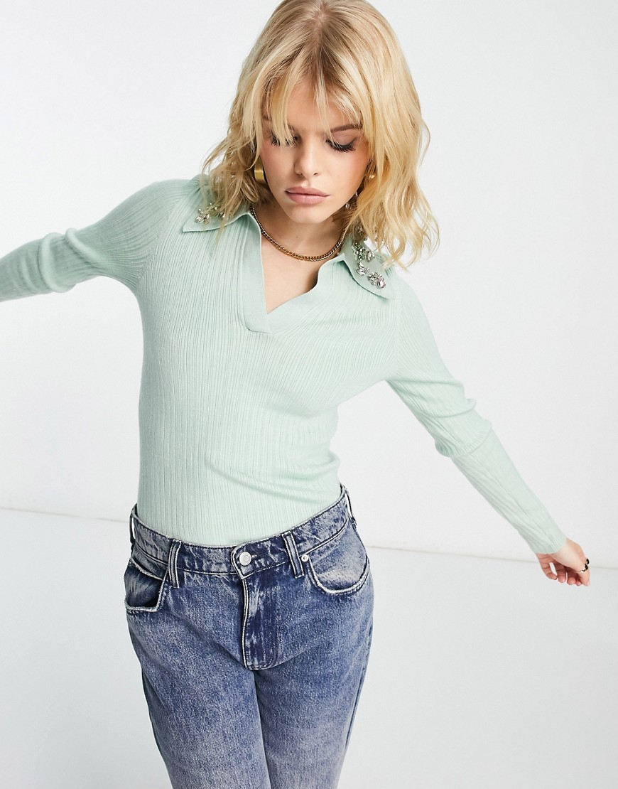 & Other Stories ribbed knitted polo top with gem collar in mint-Green