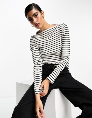 & Other Stories ribbed long sleeve boat neck top in off white and black stripe