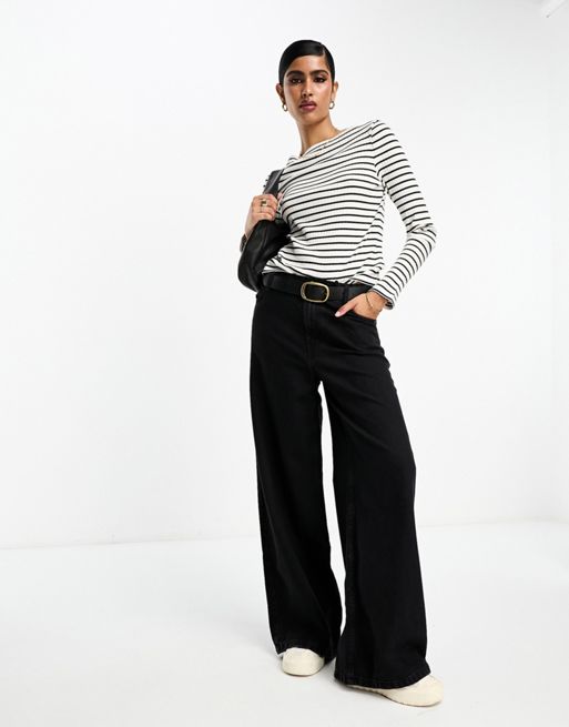  Other Stories ribbed long sleeve boat neck top in off white and black  stripe