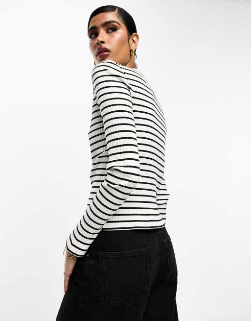  Other Stories ribbed long sleeve boat neck top in off white and black  stripe