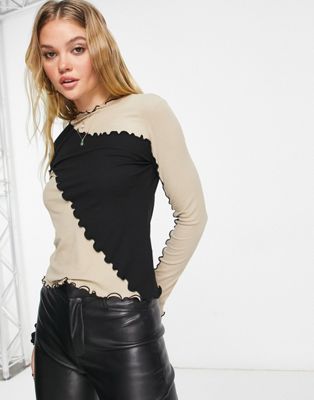 & Other Stories ribbed long sleeve top in black and beige