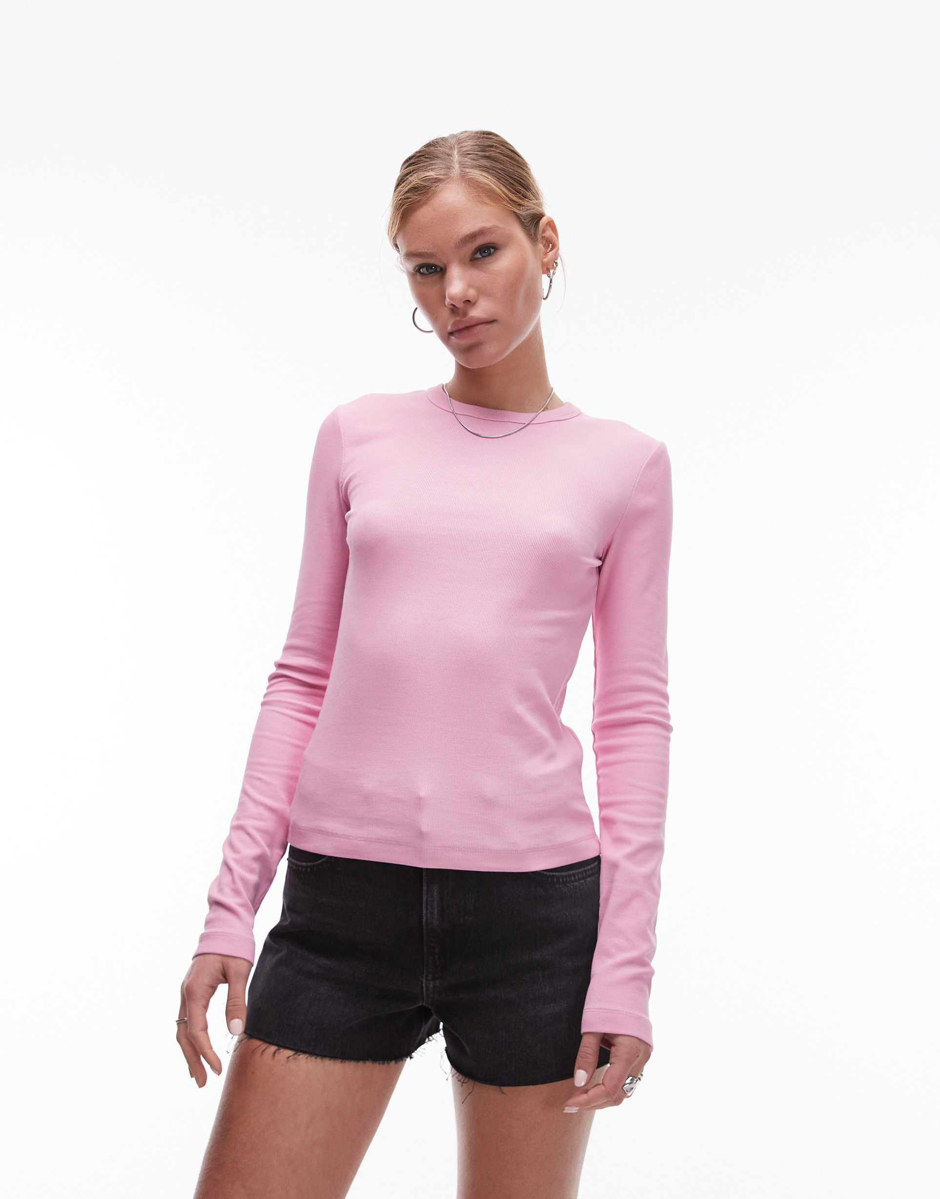 & other stories ribbed long sleeve top in pink