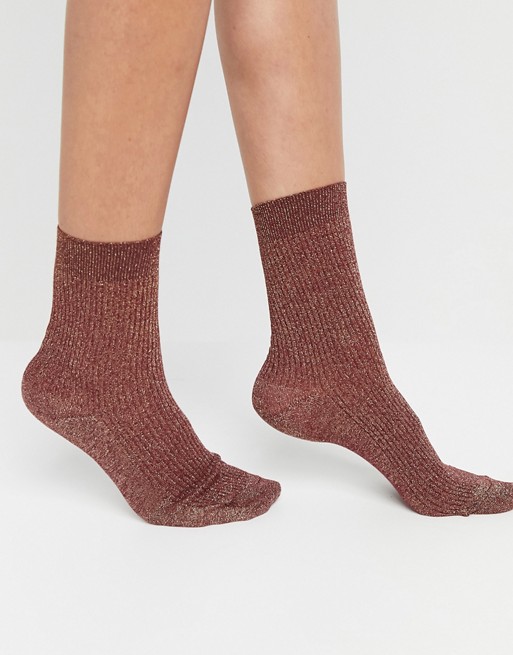 & Other Stories ribbed lurex socks in wine red