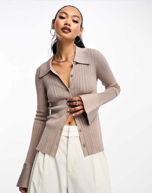 Other Stories ribbed polo collar knit cardigan in beige ASOS