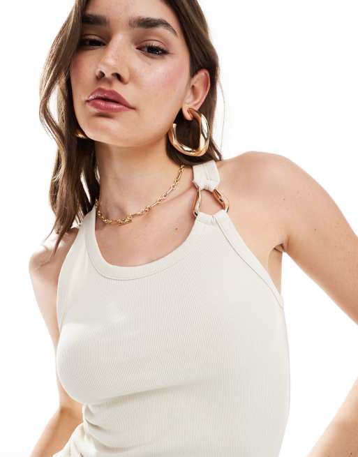 & Other Stories ribbed singlet top in off white with metallic ring detail