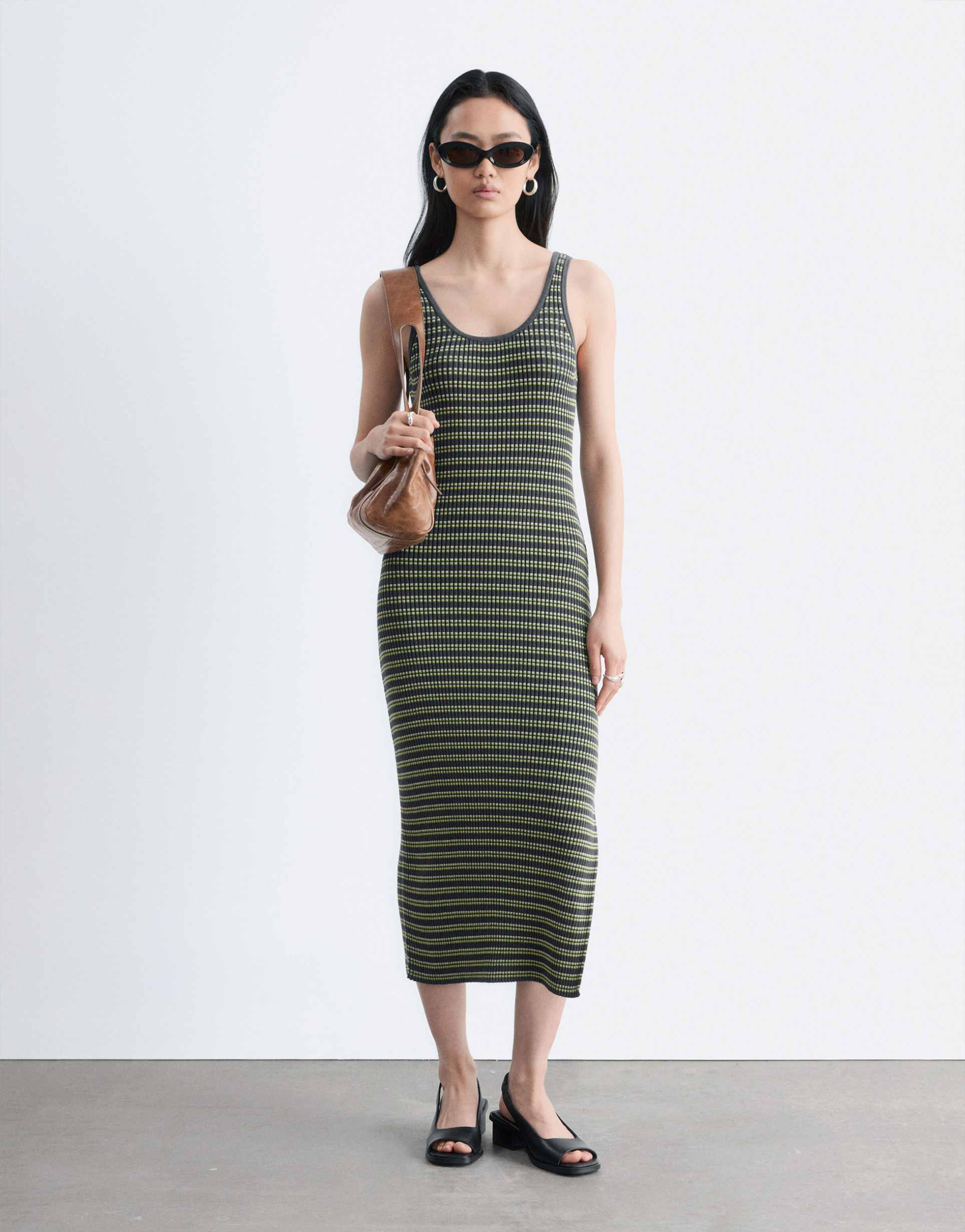 & other stories ribbed striped knit maxi dress in dark gray
