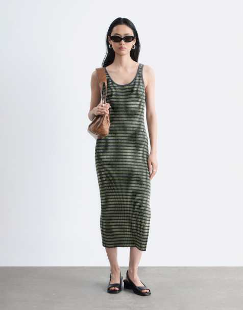 & Other Stories ribbed striped knitted maxi dress in dark grey 