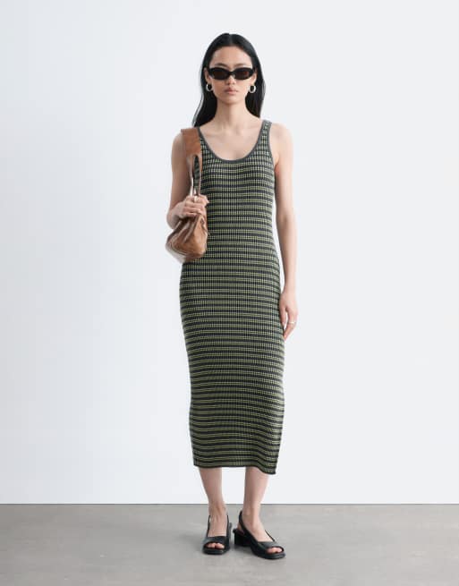 & Other Stories ribbed striped knitted maxi dress in dark grey , 3 of 4