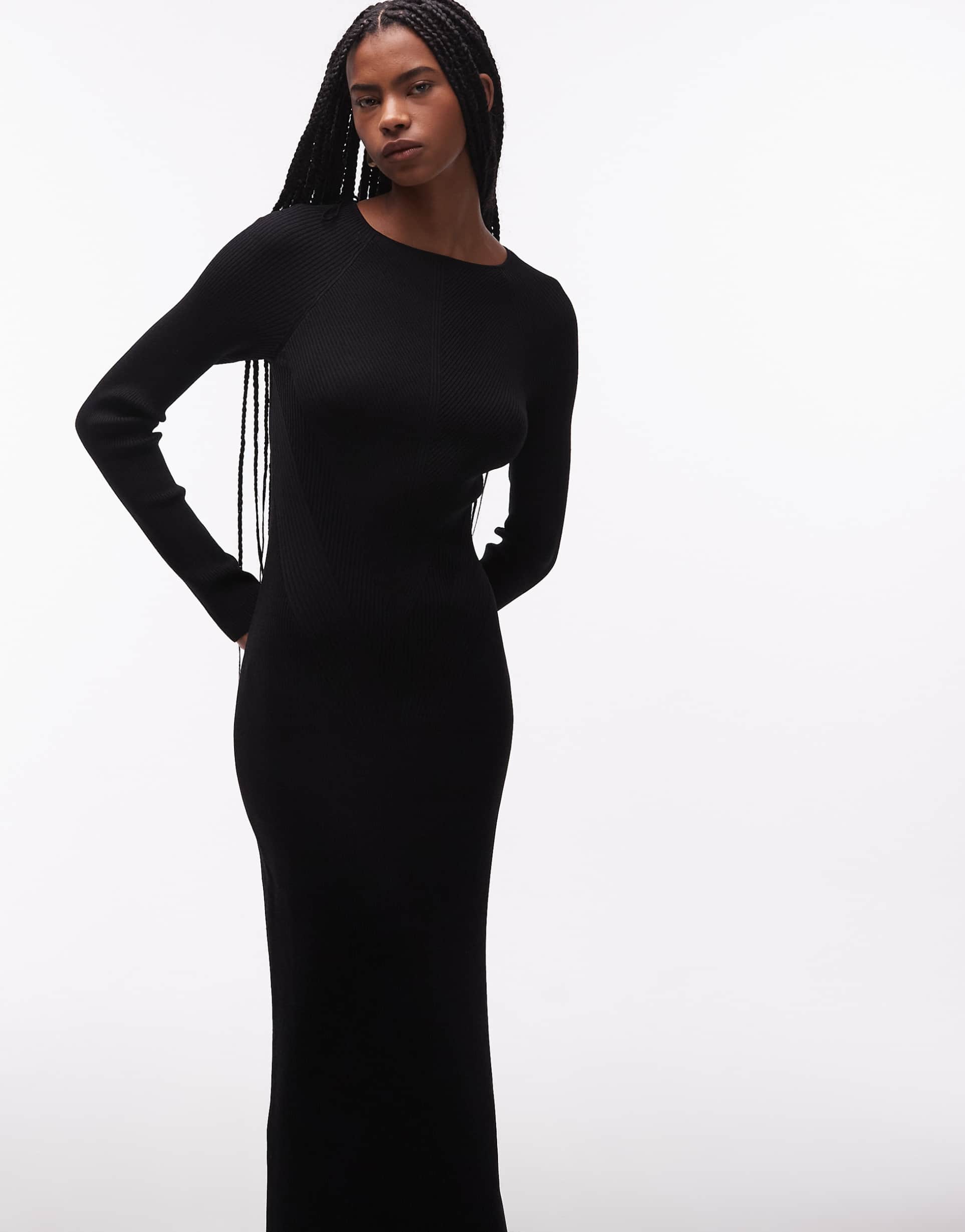 & other stories ribbed structured knit maxi dress with cuff detail in black