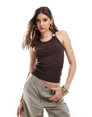 Other Stories &  Ribbed Tank Top In Brown With Metallic Ring Detail-white