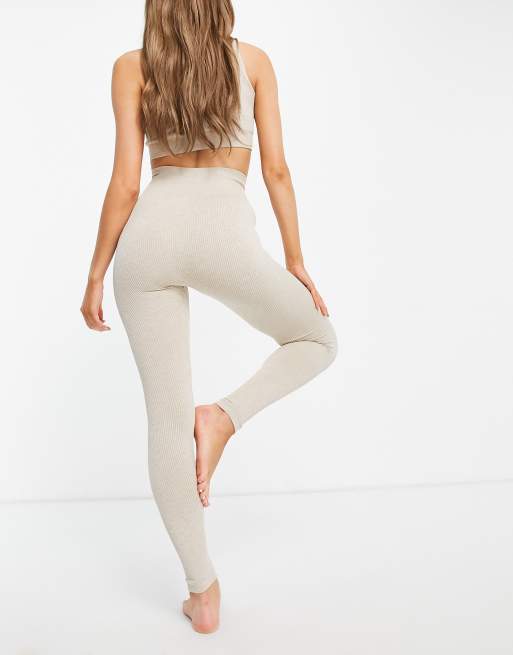 Beige Two Tone Crinkle Rib Leggings, Two Piece Sets