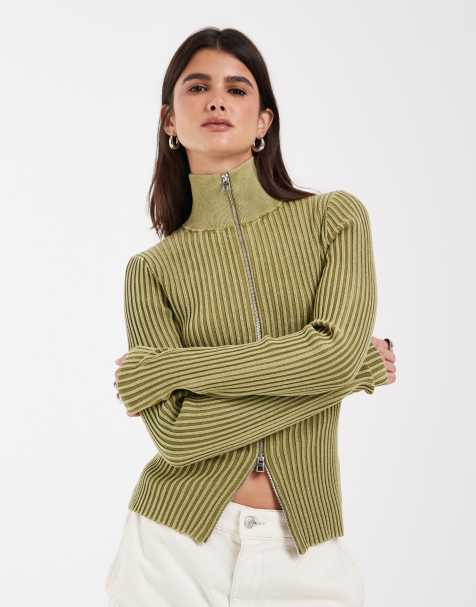 & Other Stories ribbed zip through funnel neck cardigan in olive green - view 1