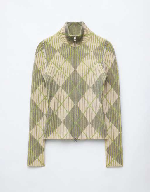 & Other Stories ribbed zip through funnel neck cardigan with argyle design in beige, 4 of 4