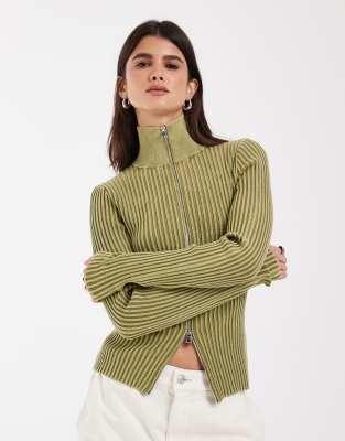 & Other Stories Ribbed Zip Up Funnel Neck Cardigan In Green
