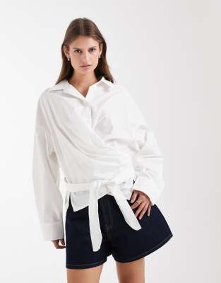 & Other Stories Rich Cotton Front Tie Ruched Wrap Shirt In White