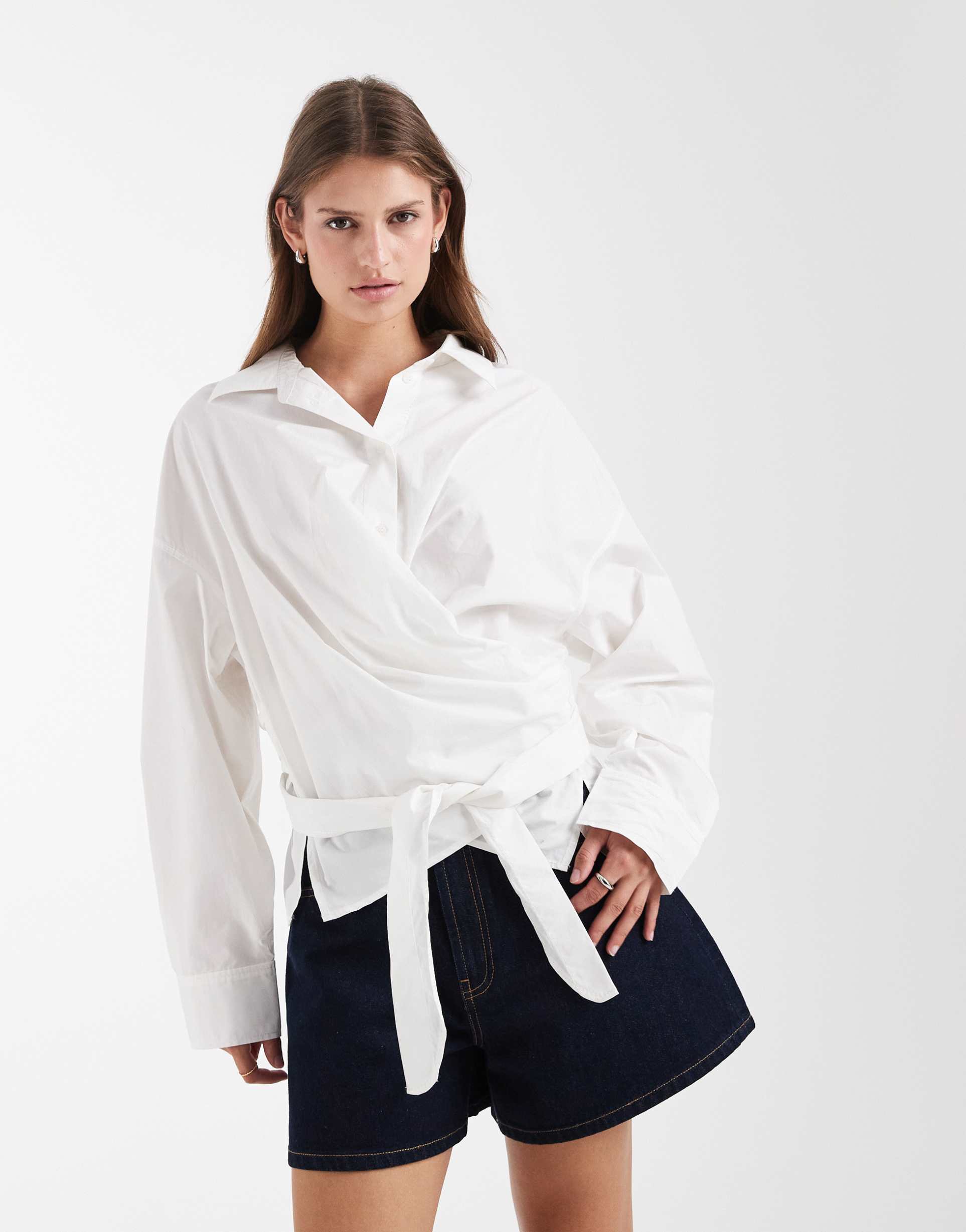 & other stories rich cotton front tie ruched wrap shirt in white