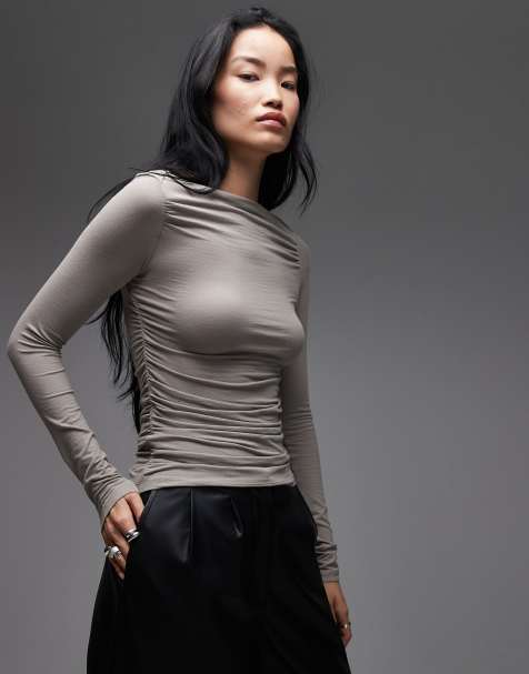 & Other Stories rich cotton long sleeve drapey jersey top in beige - view 1