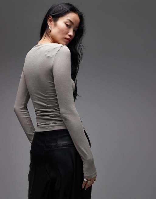 & Other Stories rich cotton long sleeve drapey jersey top in beige, 2 of 4