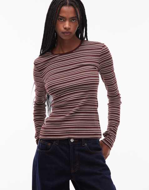 & Other Stories rich cotton long sleeve top with thumb holes in brown stripe - view 1