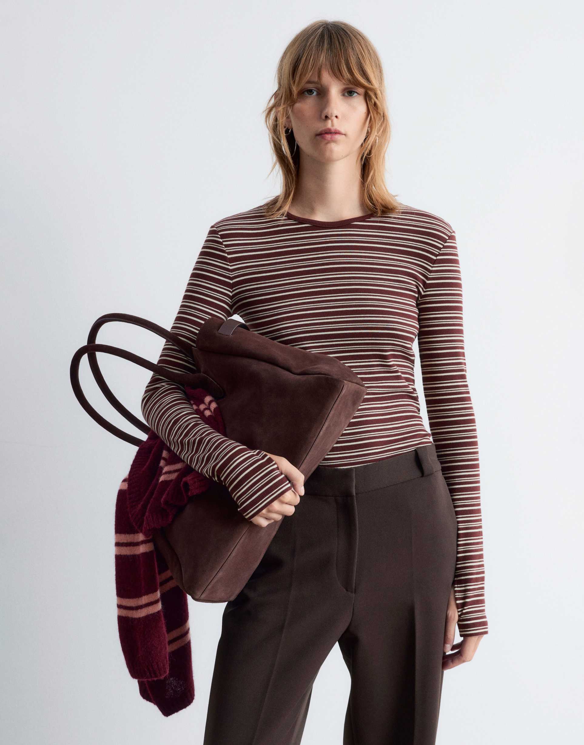 & other stories rich cotton long sleeve top with thumbholes in brown stripe
