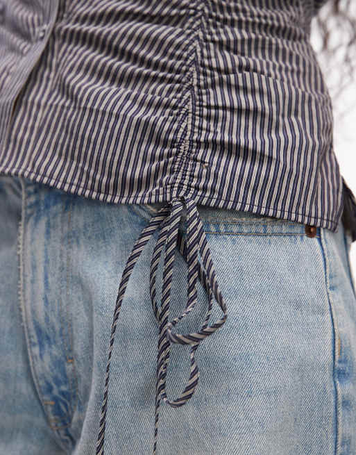 & Other Stories rich cotton sleeveless ruched halterneck top in navy stripe, 2 of 4