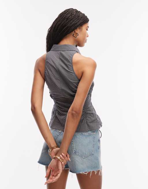 & Other Stories rich cotton sleeveless ruched halterneck top in navy stripe, 3 of 4