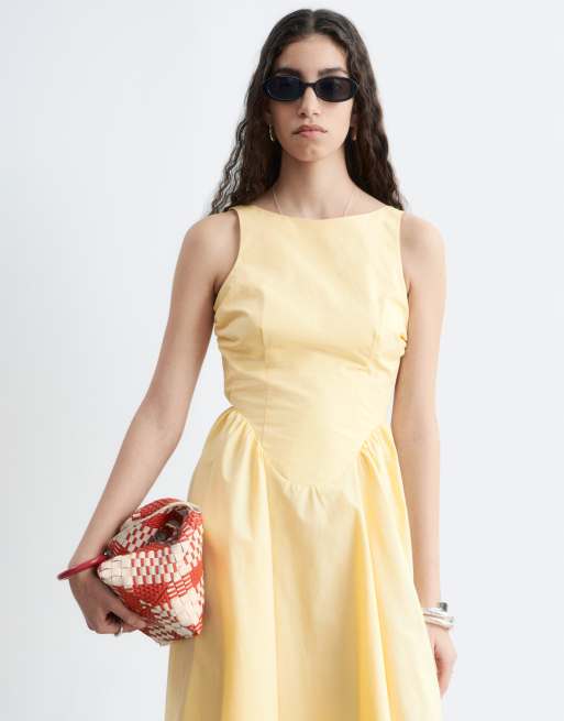 yellow cotton on dress Golden Yellow Cotton Poplin V-Neck Gathered Midi Wrap Dress 52" / Tall (5'7" and above)