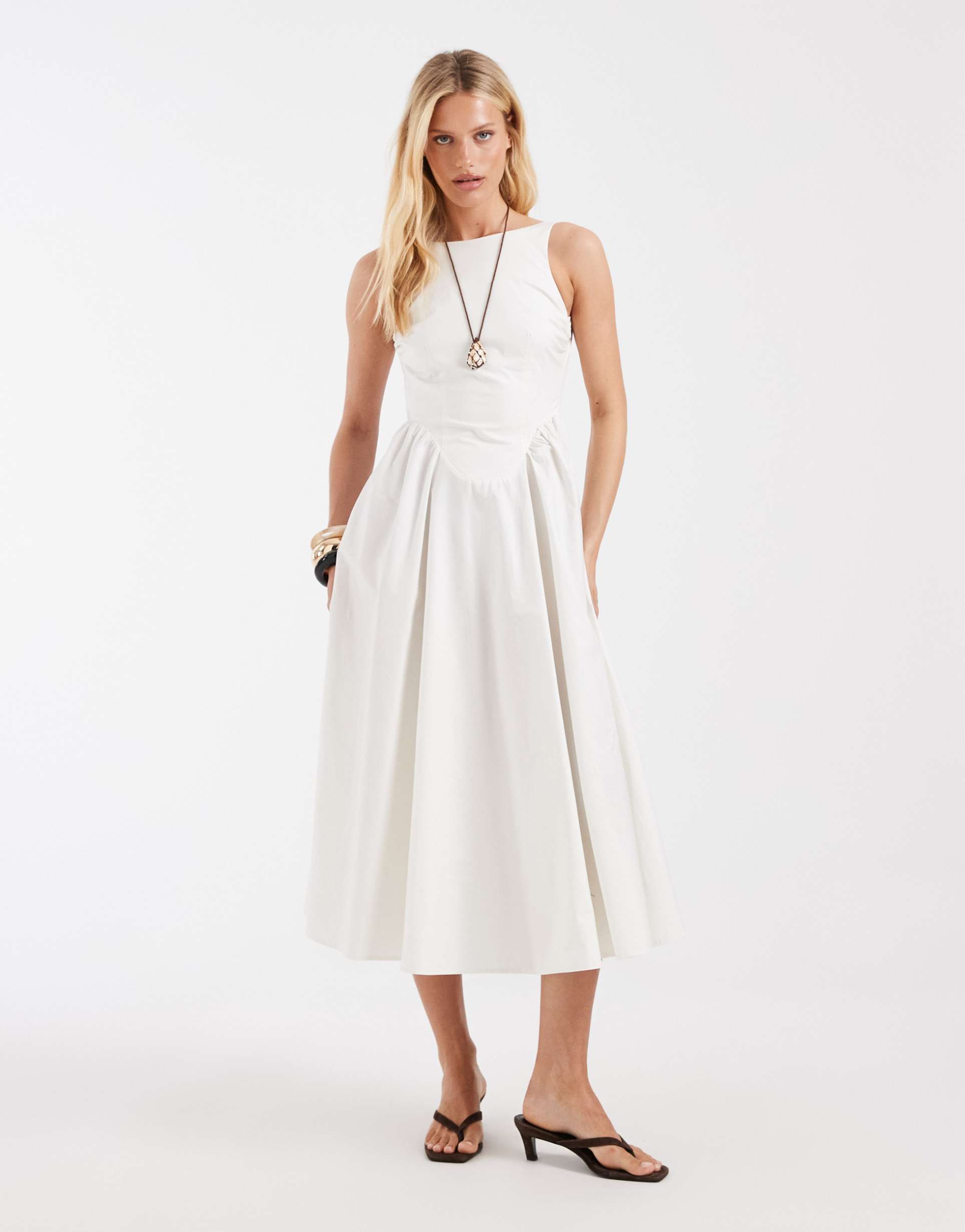 & other stories rich cotton volume waist hem midi dress in white