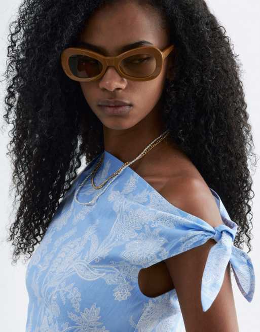 & Other Stories rich linen asymmetric boatneck midi dress in light blue print, 3 of 4