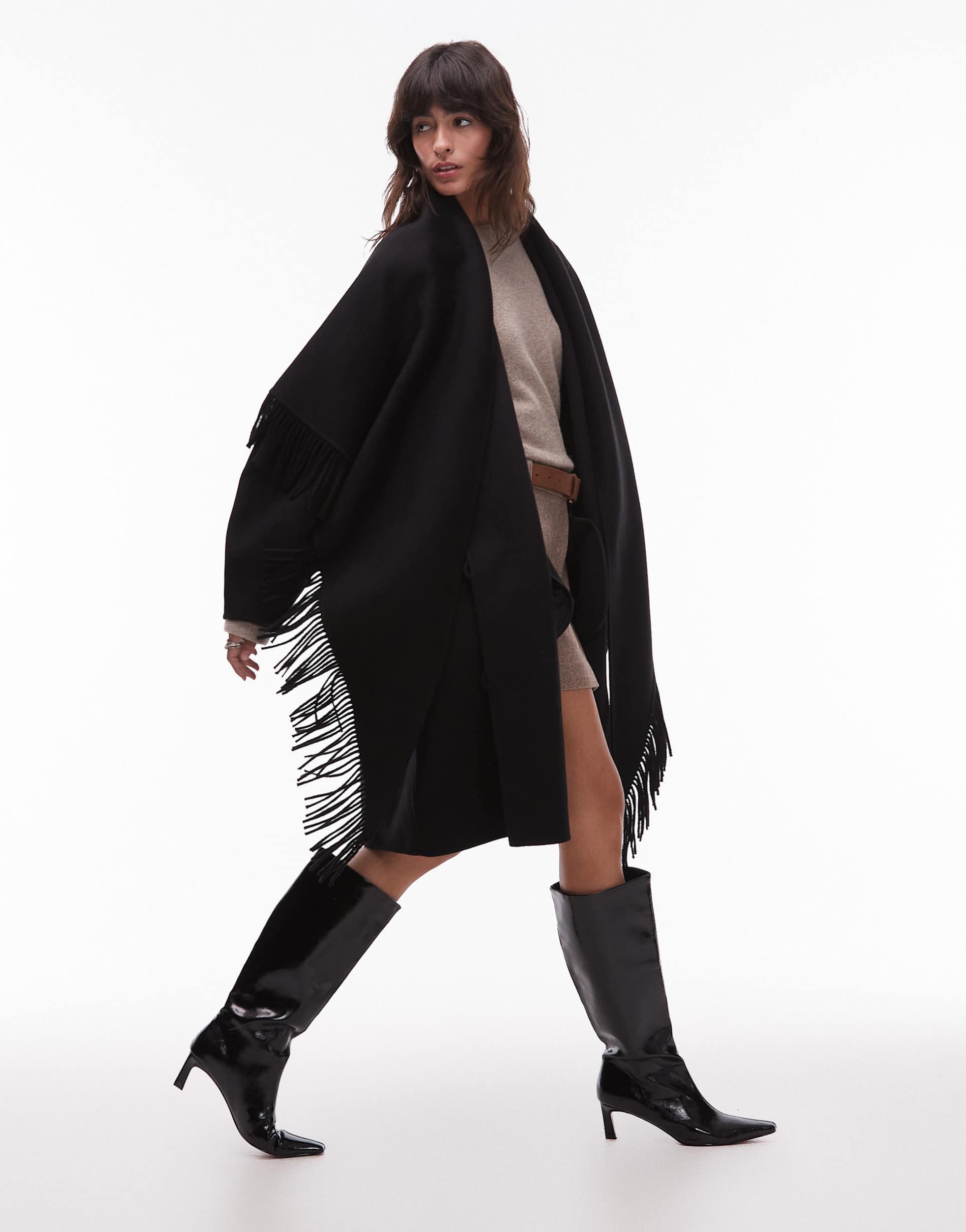 & other stories rich wool fringe tassel midi cape coat in black