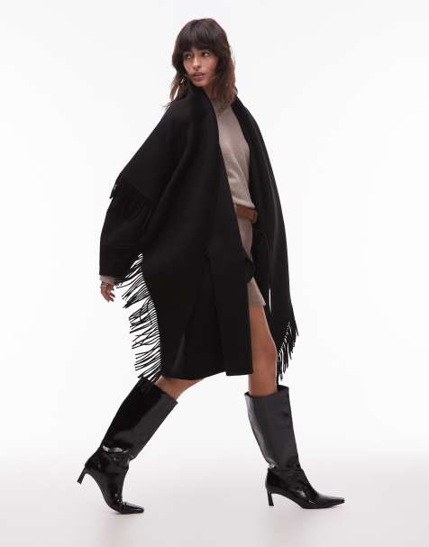 & Other Stories rich wool fringing tassel midi cape coat in black - view 1