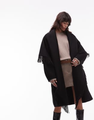 & Other Stories Rich Wool Fringing Tassel Midi Cape Coat In Black