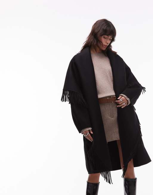 & Other Stories rich wool fringing tassel midi cape coat in black, 2 of 4