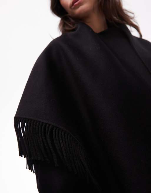 & Other Stories rich wool fringing tassel midi cape coat in black, 3 of 4