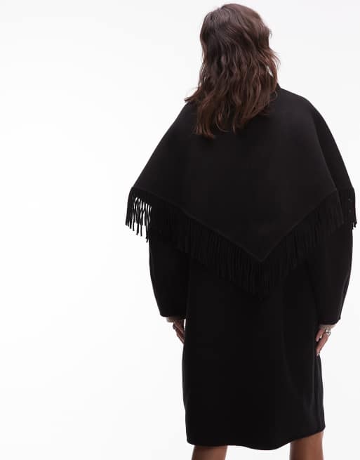 & Other Stories rich wool fringing tassel midi cape coat in black, 4 of 4
