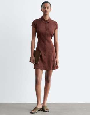 Robe chemise en jacquard à manches courtes - Marron chocolat 36